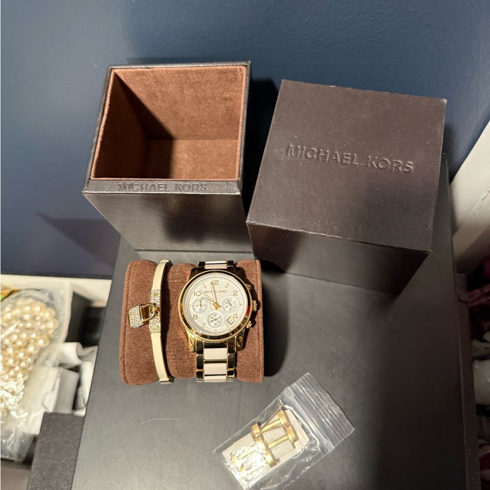 Michael Kors Gold and White Watch and Bracelet Set